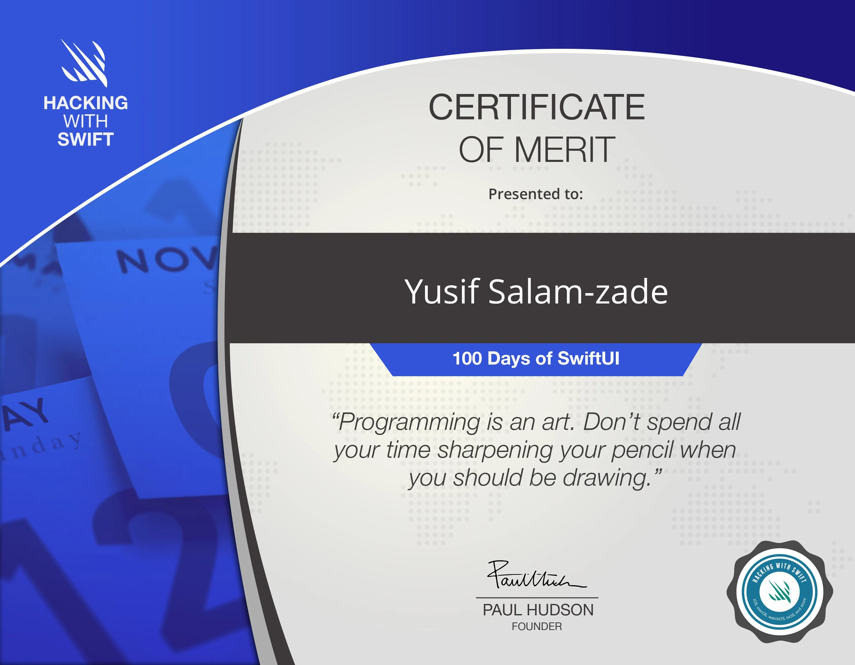 Certificate of completion for 100 days of SwiftUI