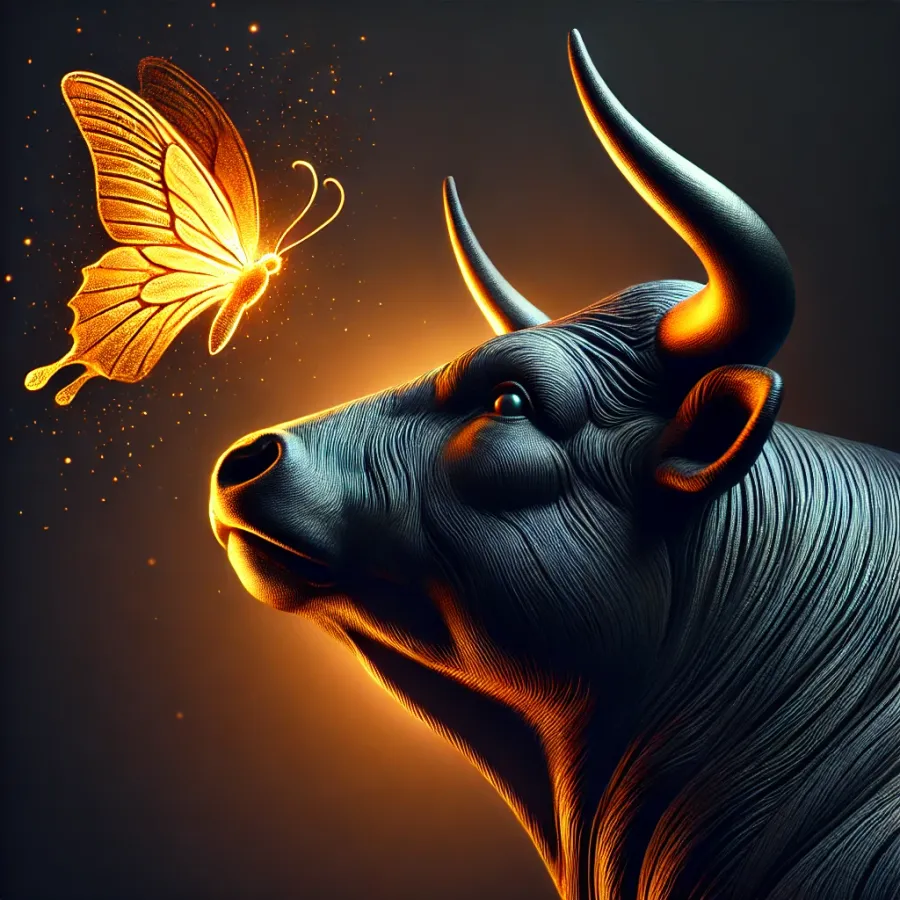 DALL-E 2: A side profile of a black bull's head with an orange light shining on it from behind. The bull is looking up at a detailed luminous orange butterfly. The background is deep black.