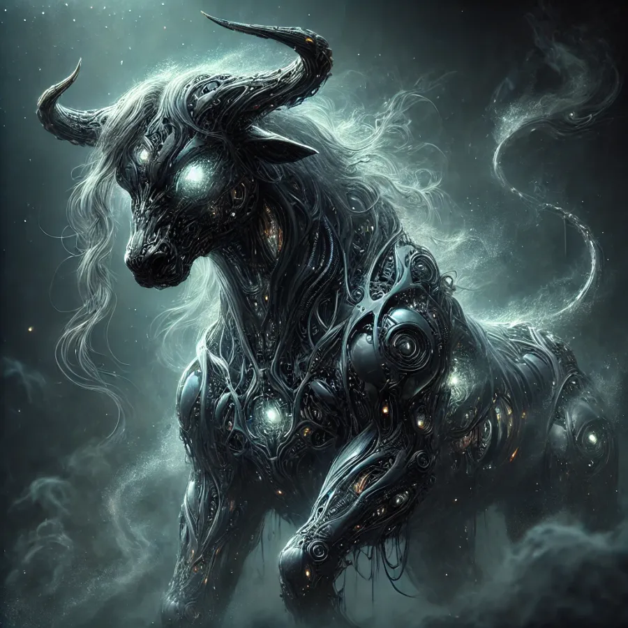 DALL-E 2: dark shot, ethereal semi-ghost taurus, biomechanical details, hyperdetailed, metal