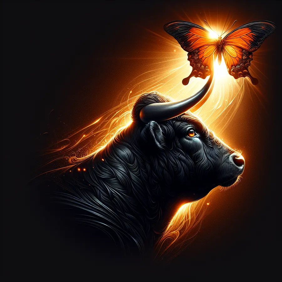 DALL-E 3: A side profile of a black bull's head with an orange light shining on it from behind. The bull is looking up at a detailed luminous orange butterfly. The background is deep black.