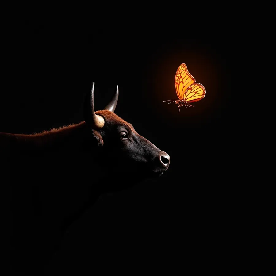 flux.1-dev: A side profile of a black bull's head with an orange light shining on it from behind. The bull is looking up at a detailed luminous orange butterfly. The background is deep black.