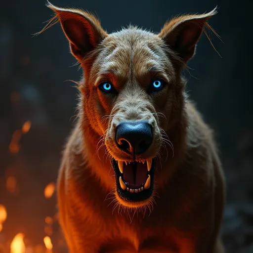 flux.1-dev: A hyperrealistic portrait of Scooby-Doo as a hell hound, depicted in a brutal and rough state, scowling directly at the camera with visible teeth. His fur is disheveled and matted, with an otherworldly, fiery glow emanating from beneath, showing signs of hardship and neglect. His eyes are piercing blue and hollow, reflecting a deep sense of despair and a lack of will to live. His expression is one of anger and resentment, with a worn and rugged appearance. The background is dark and infernal, with flames subtly flickering, emphasizing the raw emotion and turmoil in Scooby-Doo's face. Subtle, dramatic lighting highlights the textures and shadows, creating a powerful, haunting, and supernatural image.