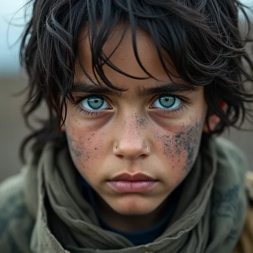 flux.1-dev: A hyperrealistic portrait of a nuclear blast survivor, styled similarly to the iconic National Geographic Afghan Girl. The survivor is disheveled, with unkempt hair and tattered clothing, reflecting the devastation endured. His piercing blue eyes are intense and soulful, staring directly into the viewer's soul, conveying a profound mix of trauma and resilience. His face is marked with ash and dirt, adding to the raw, gritty realism of the image. The background is softly blurred, focusing attention on the survivor's striking features, much like the Afghan Girl portrait. Subtle, natural lighting enhances the vividness of his eyes and the textures of his skin, creating a powerful and evocative image.