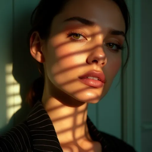 flux.1-dev: Close-up portrait of a woman illuminated by soft, warm afternoon light streaming through window blinds, creating striking shadow patterns across her face. She has a natural, glowing complexion with dewy skin and subtly highlighted cheekbones. Her expressive eyes are accented with long lashes and a hint of soft eyeshadow, while her full lips are painted in a soft peach shade. The background features muted teal walls that enhance the warmth of the scene. She wears a dark, pinstriped blazer, adding a touch of elegance. The overall aesthetic is hyperrealistic, capturing intricate details like the texture of her skin and the delicate play of light and shadow, with a color palette of warm neutrals and soft pastels.