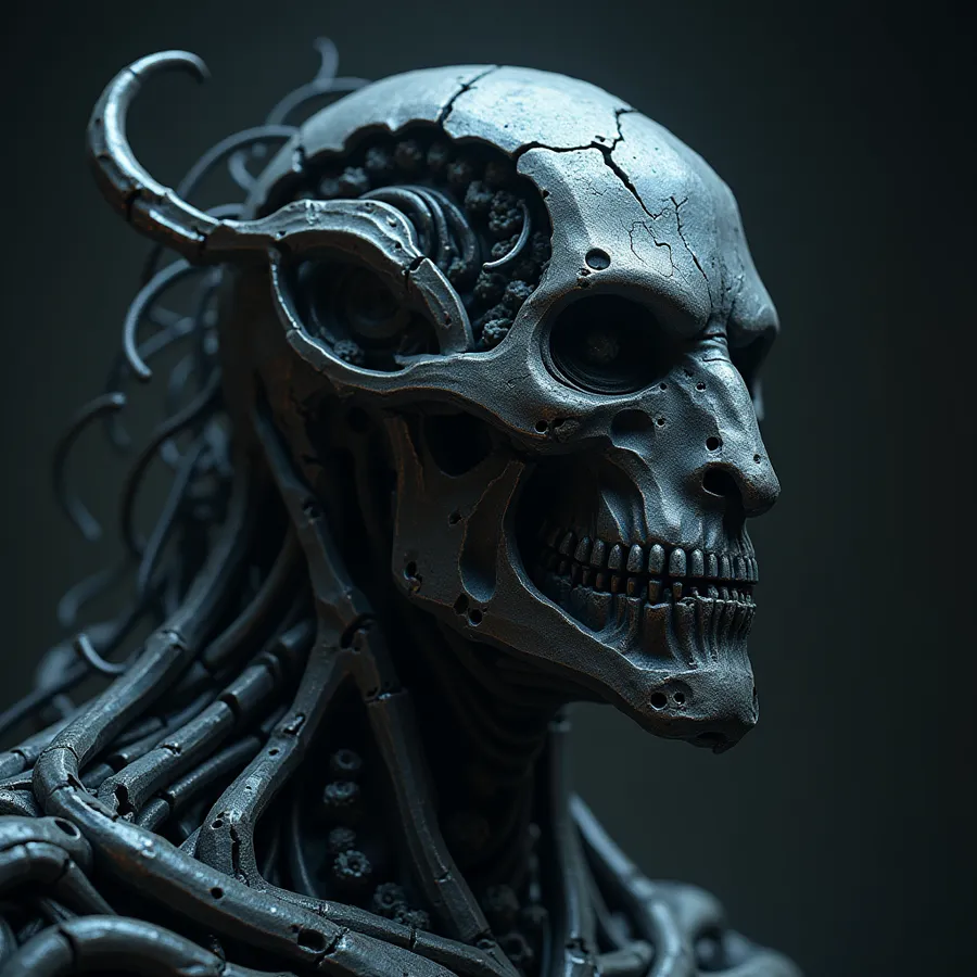 flux.1-dev: dark shot, ethereal semi-ghost taurus, biomechanical details, hyperdetailed, metal