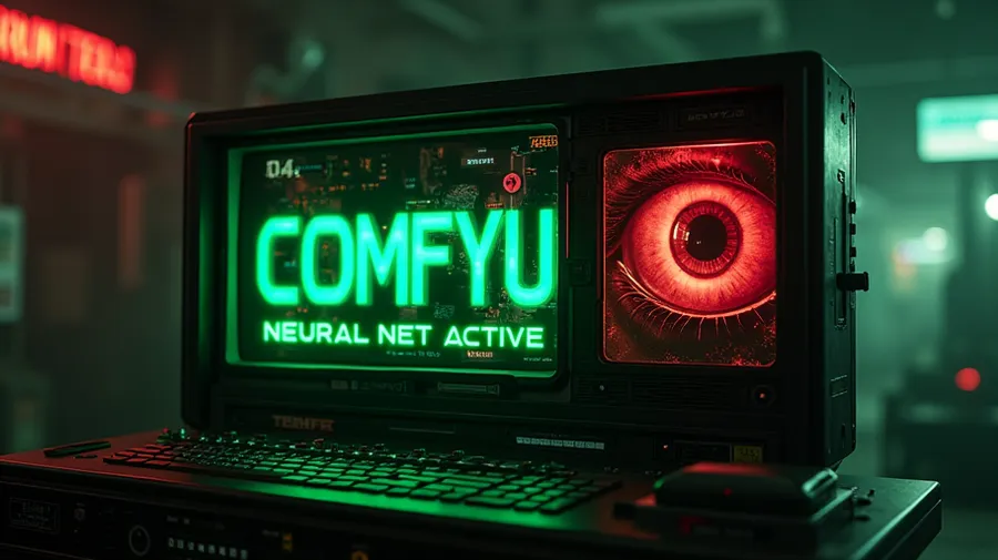flux.1-dev: Retro-futuristic computer terminal with green text displaying "COMFYUI NEURAL NET ACTIVE", red glowing Terminator eye reflection in the screen, scattered AI-generated images in the background, dark tech noir atmosphere, chrome and steel, smoke effects, neon accents, cinematic lighting, 8k --ar 16:9.