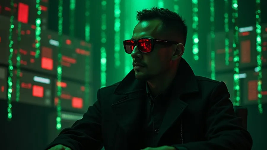 flux.1-dev: A cyberpunk prompt engineer wearing a black Matrix-style trench coat and mirror shades, sitting in a dark tech workspace, green digital rain falling in the background, red Terminator HUD elements floating in air, multiple holographic screens showing ComfyUI interfaces, one eye subtly glowing red through glasses, dramatic cinematic lighting, volumetric fog, highly detailed, 8k, professional photography --ar 16:9