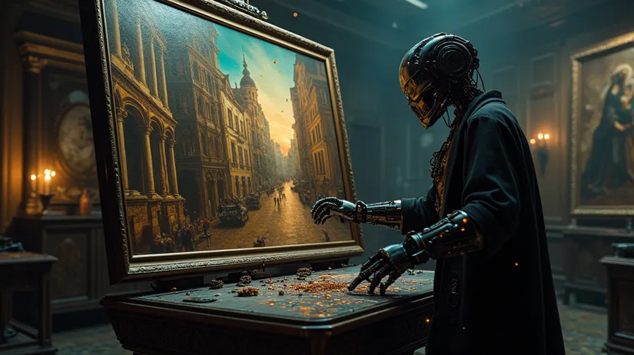 flux.1-dev: Cyberpunk prompt engineer with neural headset and flowing dark coat on elevated platform, controlling T-800 through glowing puppet strings and command lines, robot precisely working on large oil painting showing renaissance-style scene, professional easel setup with palette and brush collection, holographic UI elements surrounding puppeteer's workspace, streaming code transforming into artistic brushstrokes, modern art studio with classical elements, cinematic lighting, ultra detailed --ar 16:9