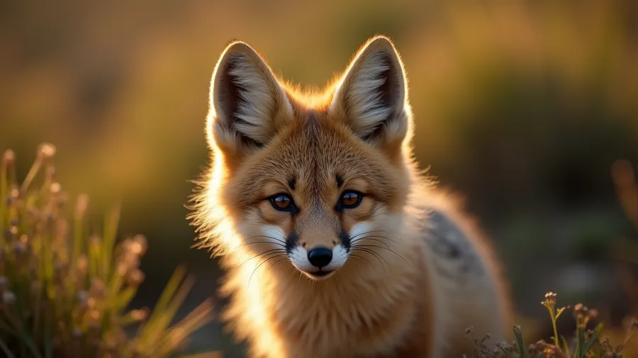 flux.1-dev: Close-up portrait of Tibetan sand fox, characteristic broad flat face, triangular cheeks, piercing eyes, compact body with thick fur, natural mountain environment, high-altitude grassland setting, soft morning light, detailed fur texture, professional camera angle, ultra sharp --ar 16:9