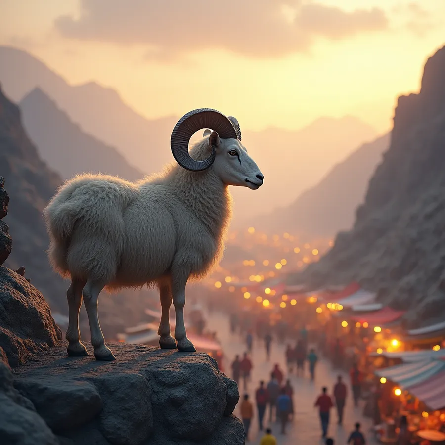 flux.1-dev: ram standing on a rocky hillside, overlooking a bustling valley below. The ram has a thick, curly coat and impressive curved horns. In the valley, a lively market scene unfolds, with colorful stalls and people moving about energetically. The ram stands calmly, embodying wisdom and discernment, as it gazes at the scene below. The sky above is a soft gradient of oranges and purples, suggesting the onset of evening. The image should convey a sense of calm observation amidst excitement and activity.