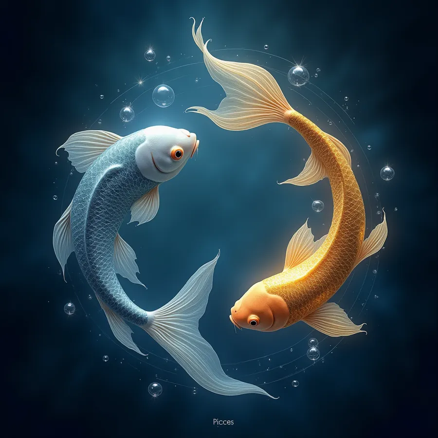 flux.1-dev: Two ethereal fish circle each other in an endless dance, one silver and one gold, forming a graceful yin-yang pattern against a deep azure background. Their scales shimmer with opalescent light, and flowing ribbons of water connect them like cosmic threads. Delicate bubbles float around them, each containing tiny reflections of stars. The Pisces constellation glows softly behind them, while gentle waves of light create the impression of being underwater and in space simultaneously. The fish appear both solid and translucent, their fins trailing wisps of luminescent water as they move in their eternal circular dance.