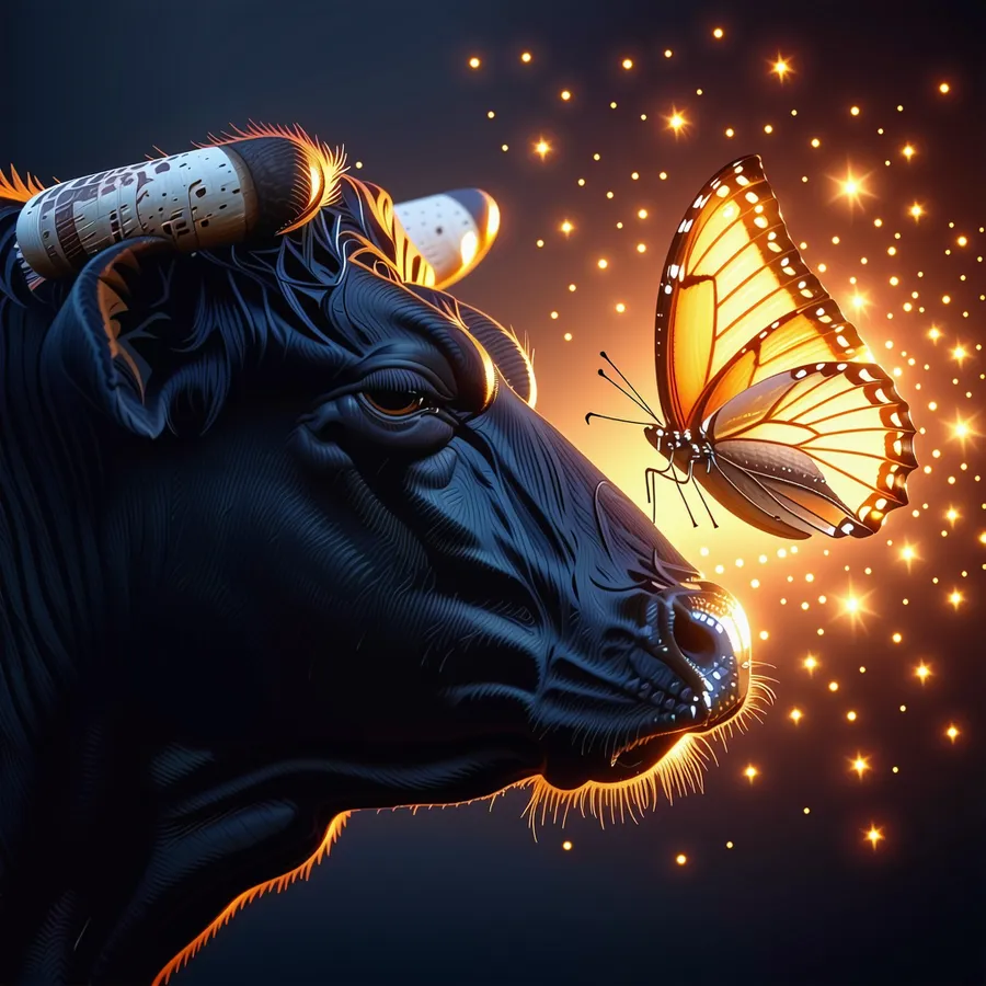 Stable Diffusion Large Turbo 3.5: A side profile of a black bull's head with an orange light shining on it from behind. The bull is looking up at a detailed luminous orange butterfly. The background is deep black.